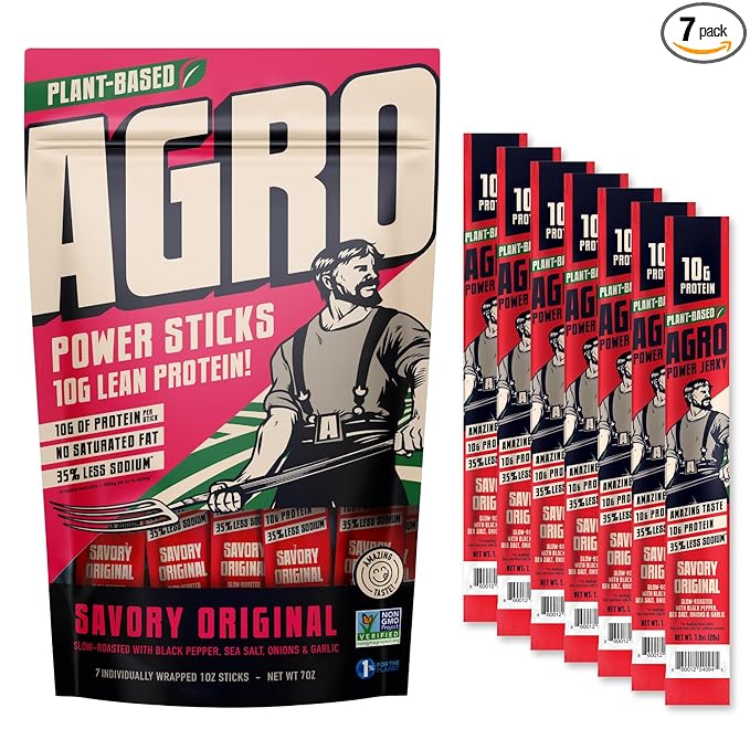 AGRO POWER Vegan Jerky Sticks ??Savory Original Flavor ??7-Stick Bag of Plant-Based Jerky with 10g