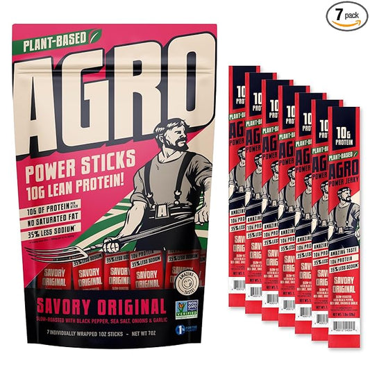 AGRO POWER Vegan Jerky Sticks ??Savory Original Flavor ??7-Stick Bag of Plant-Based Jerky with 10g