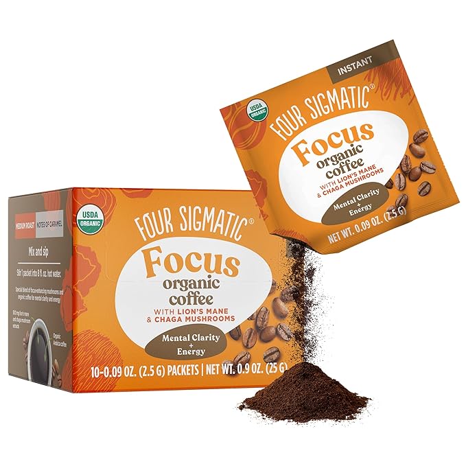 Four Sigmatic Focus Organic Mushroom Coffee | Instant Mushroom Coffee Mix with Lion's Mane, Chaga