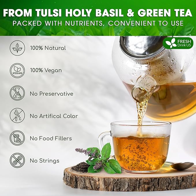 FreshDrinkUS, Premium 55 Tulsi Green Tea Bags, 100% Natural, Blend of Tulsi Holy Basil Leaves, and