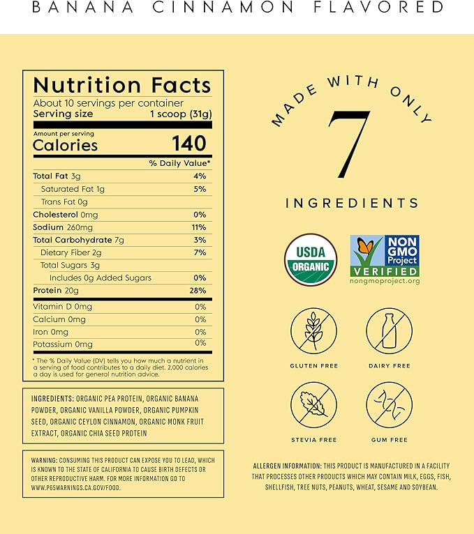 Truvani Vegan Pea Protein Powder | Banana Cinnamon | 20g Organic Plant Based Protein | 10 Servings