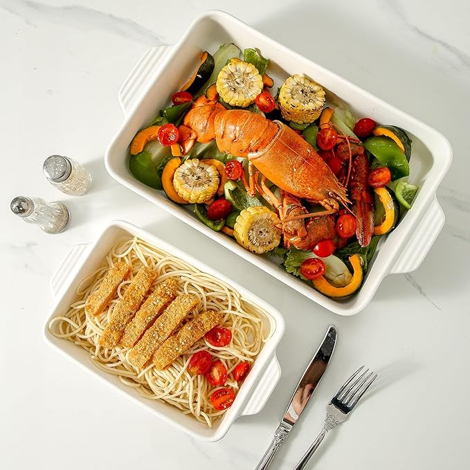 Ceramic Baking Casserole Dish with Handles, Large 9x13 inch Pan and Middle Baking Pan - Porcelain