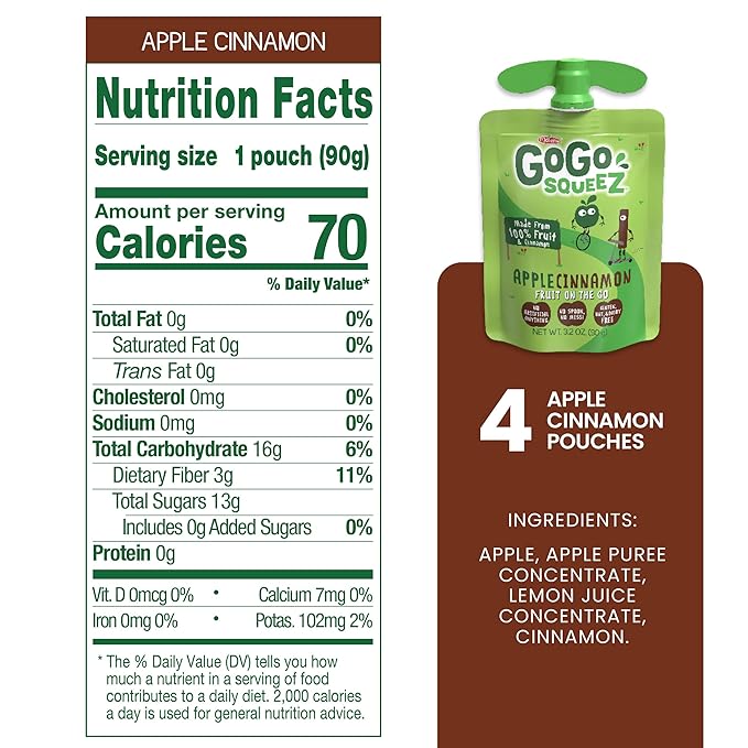 GoGo Squeez Applesauce, Apple Cinnamon, 3.2 Oz, 4 Ct