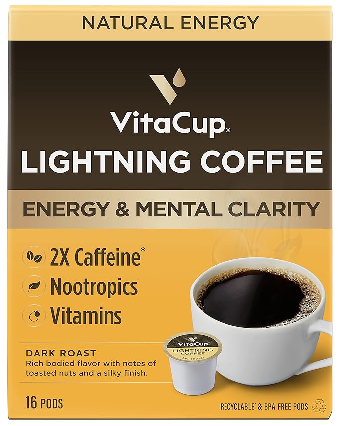 VitaCup Lightning Coffee Pods, for Memory & Focus w/ 2X Caffeine, Green Coffee Bean, B Vitamins