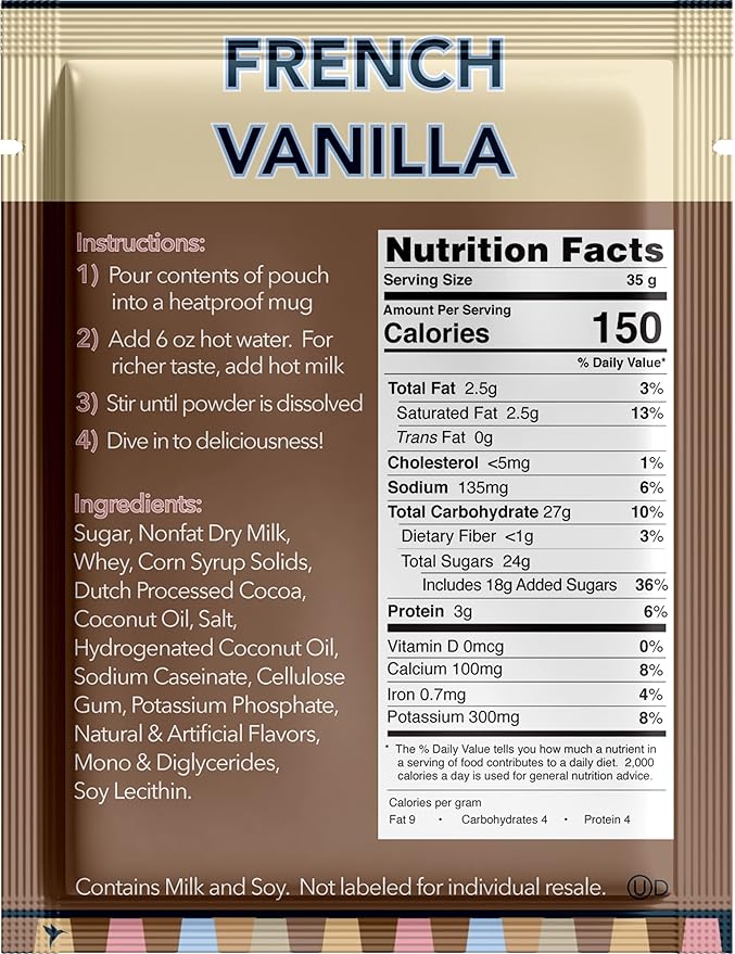 Double Donut French Vanilla Hot Chocolate Mix Packets, Flavored French Vanilla Hot Cocoa Mix, 32