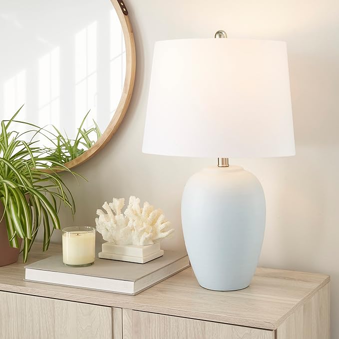 Nourison Home 23" Coastal Blue Ceramic Pot Table Lamp for Bedroom, Living Room, Dining Entryway