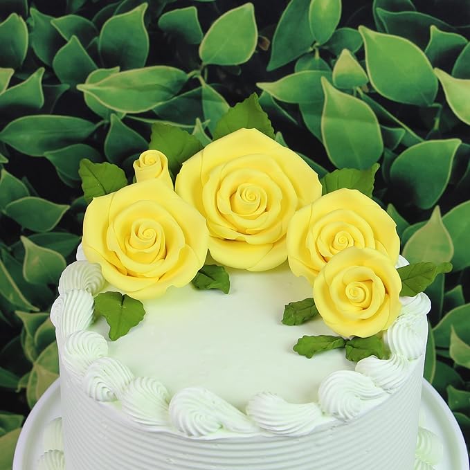 Global Sugar Art Exquisite Rose & Leaf Tray Sugar Cake Flowers, Yellow Unwired, 5 Count by Chef