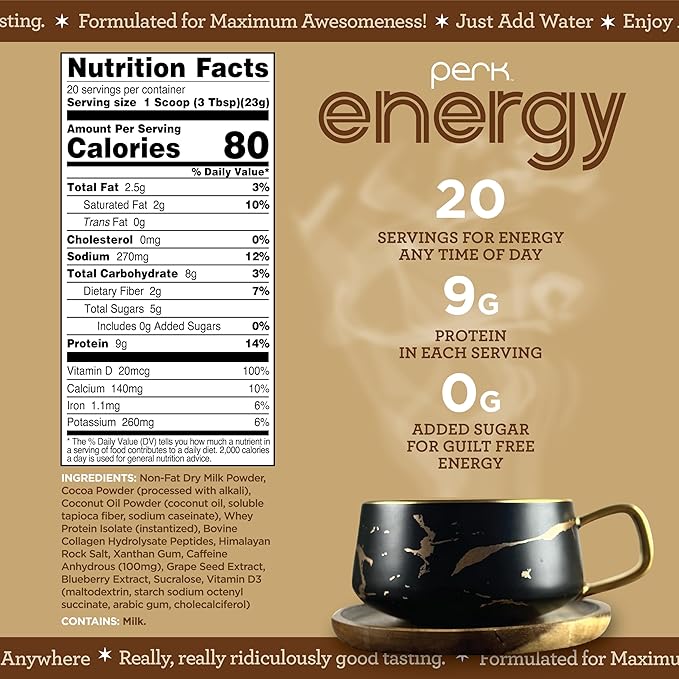 Perk Energy Original Dutch Hot Cocoa (20 Servings) - Gluten Free and Soy Free
