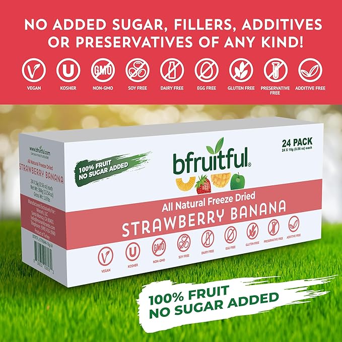 bfruitful Freeze-Dried Strawberry Banana, Freeze Dried Fresh Fruit Bites, Gluten Free, Vegan, Dairy