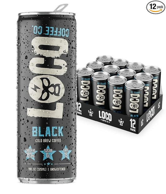 Loco Coffee Black Cold Brew 11 Ounce Can, 12 Count | Zero Sugar, 190mg Caffeine | Gluten Free and