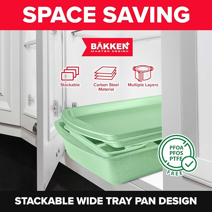 BAKKEN Kitchen Baking Pan Set - Nonstick Green Marble Coating, Commercial Grade Carbon Steel
