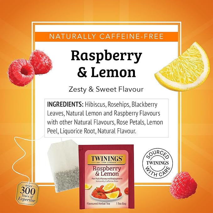 Twinings Raspberry & Lemon Herbal Tea Individually Wrapped Bags, 20 Count (Pack of 1), Unsweetened