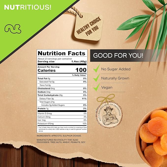 NUT CRAVINGS - Sun Dried Turkish Apricots, No Sugar Added, Unsweetened (32oz, 2 LB) Bulk Dry Fruits