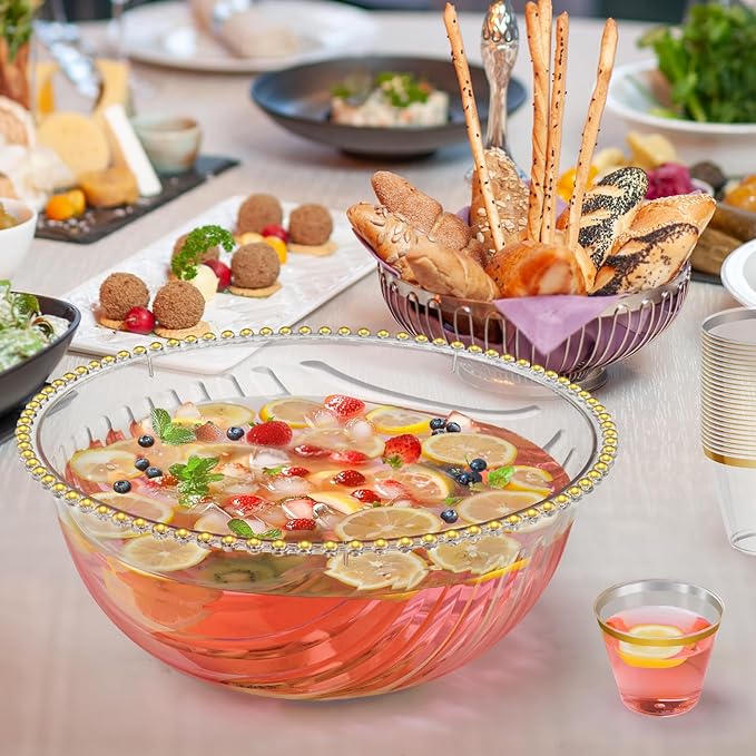 NiHome Large Plastic Punch Bowl with Ladle, Tongs and 25 Gold-Rimmed Cups for Wedding, Birthday