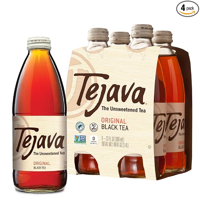 Tejava Original Unsweetened Black Iced Tea, 4 Pack, 12oz Glass Bottles, Non-GMO, Kosher, No Sugar