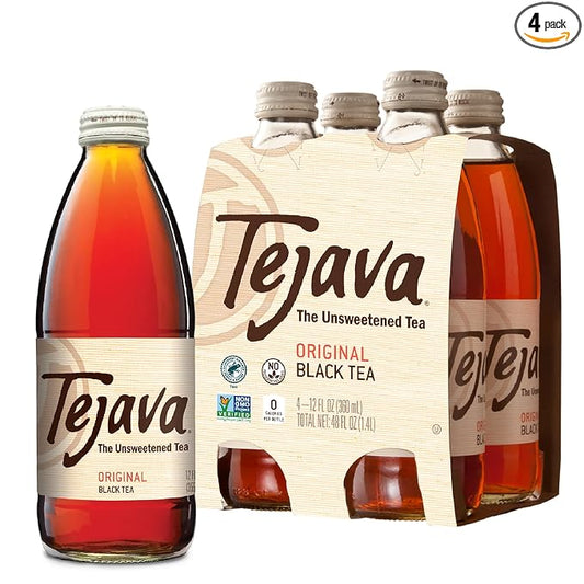 Tejava Original Unsweetened Black Iced Tea, 4 Pack, 12oz Glass Bottles, Non-GMO, Kosher, No Sugar