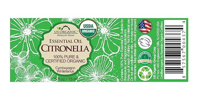 US Organic Citronella Essential Oil, USDA Certified, 100% Pure, 15 ml, Improved caps and droppers