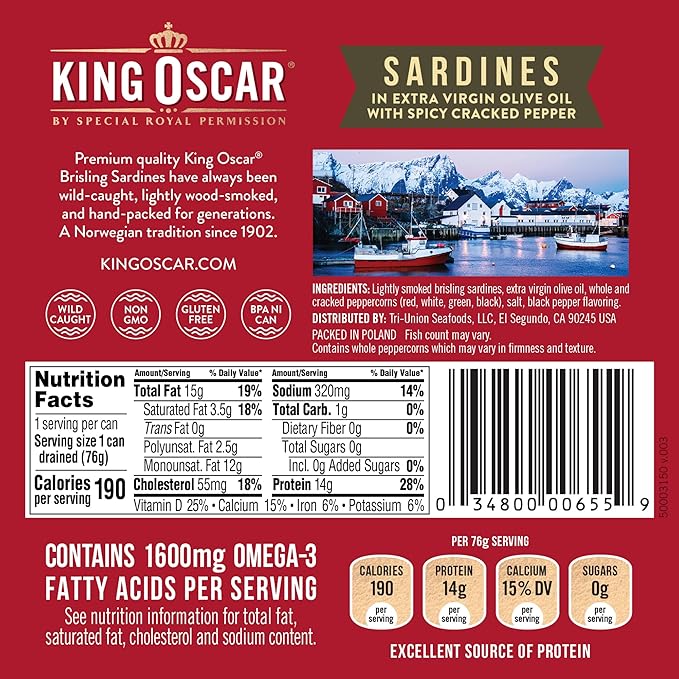 King Oscar Wild Caught Sardines in Extra Virgin Olive Oil, Spicy Cracked Pepper, 3.75 Ounce (Pack