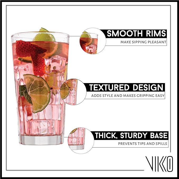 Vikko Drinking Glasses, 11 Ounce Glass Cups, Durable Glasses Drinking Set of 6, Tall Water Glasses