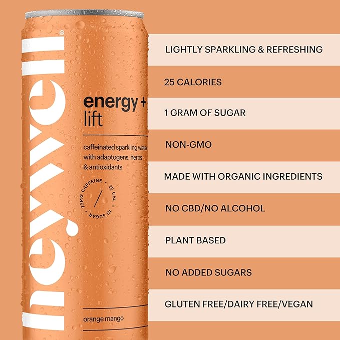 Heywell Sparkling Adaptogenic Water, Energy and Uplift, Orange Mango Flavor 12 Fluid Ounce (Pack of