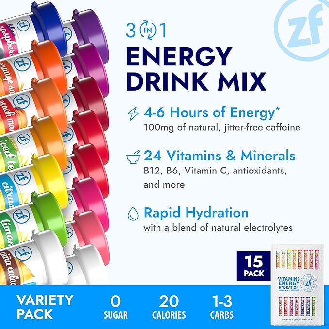 Zipfizz Daily Energy Drink Powder, Variety Pack, 15 Pack | 3-in-1 Sustained Energy, Rapid