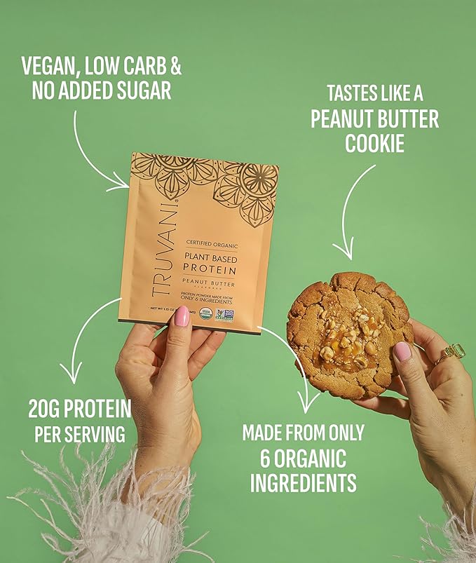 Truvani Vegan Pea Protein Powder | Peanut Butter | 20g Organic Plant Based Protein | 10 Servings |