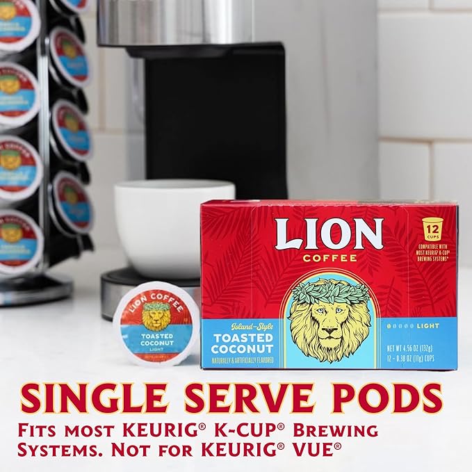 Lion Coffee Toasted Coconut Flavored Medium Roast Coffee Pods - Single-Serve Pods - Hawaiian