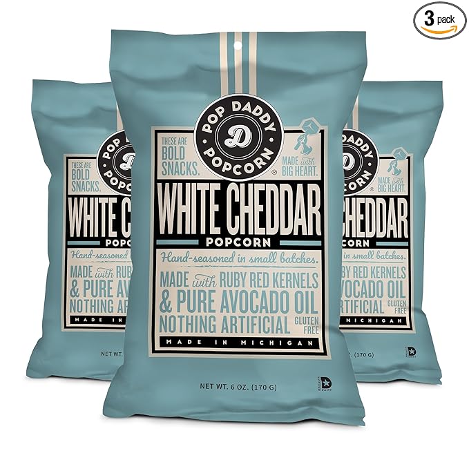 Pop Daddy Flavored Popcorn Gourmet, White Cheddar Flavor Popped Popcorn, Hand Seasoned Ruby Red