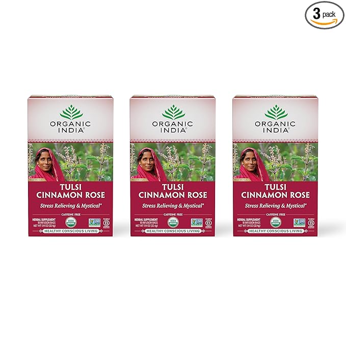 ORGANIC INDIA Tulsi Cinnamon Rose Tea - Tulsi Rose Tea Bags, Cinnamon Tea Bags w/Holy Basil