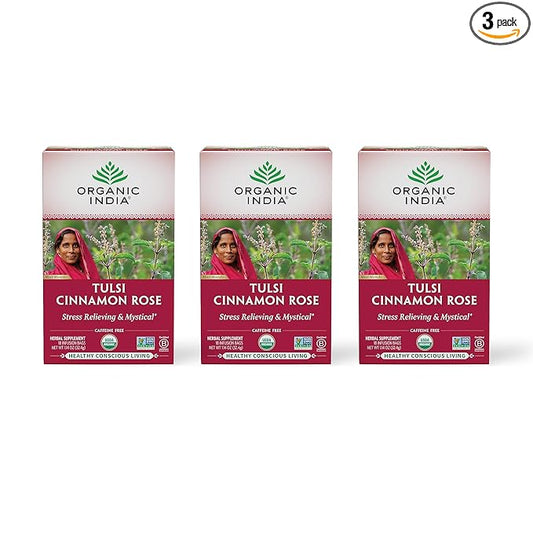 ORGANIC INDIA Tulsi Cinnamon Rose Tea - Tulsi Rose Tea Bags, Cinnamon Tea Bags w/Holy Basil