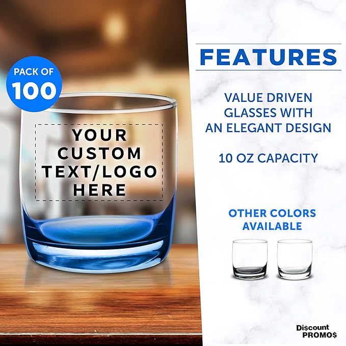 DISCOUNT PROMOS Custom Whiskey Glasses 10 oz Set of 100, Personalized Bulk Pack - Heavy Base Old