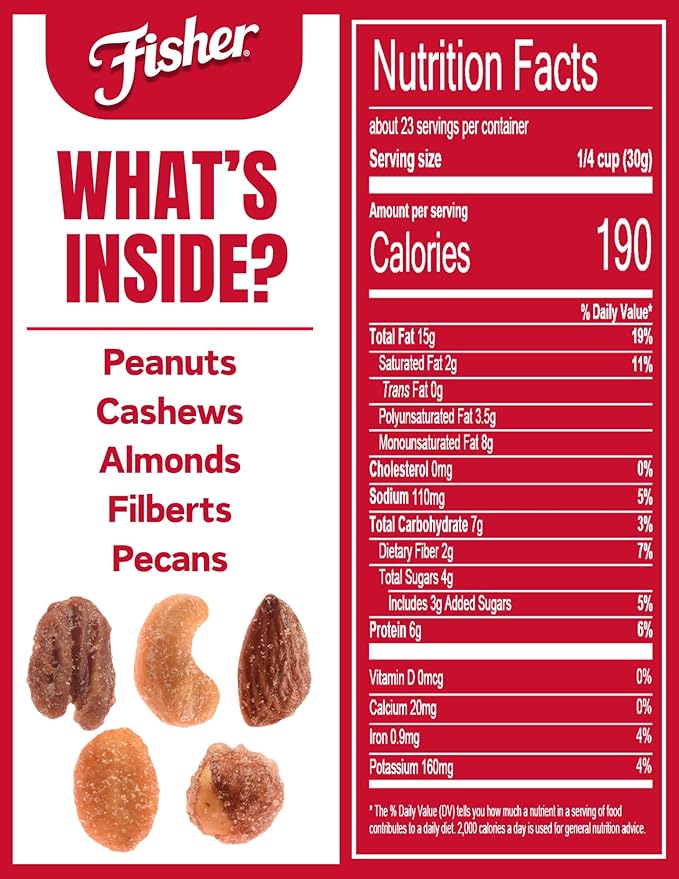 Fisher Snack Honey Roasted Mixed Nuts with Peanuts, 24 Ounces, Peanuts, Cashews, Almonds, Filberts