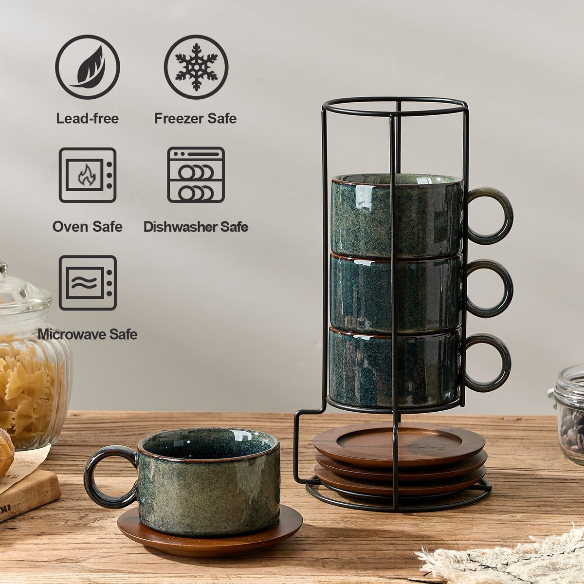 LUKA 6 Ounce Porcelain Stackable Espresso Cups with Saucers and Metal Stand Set of 4, Ceramic