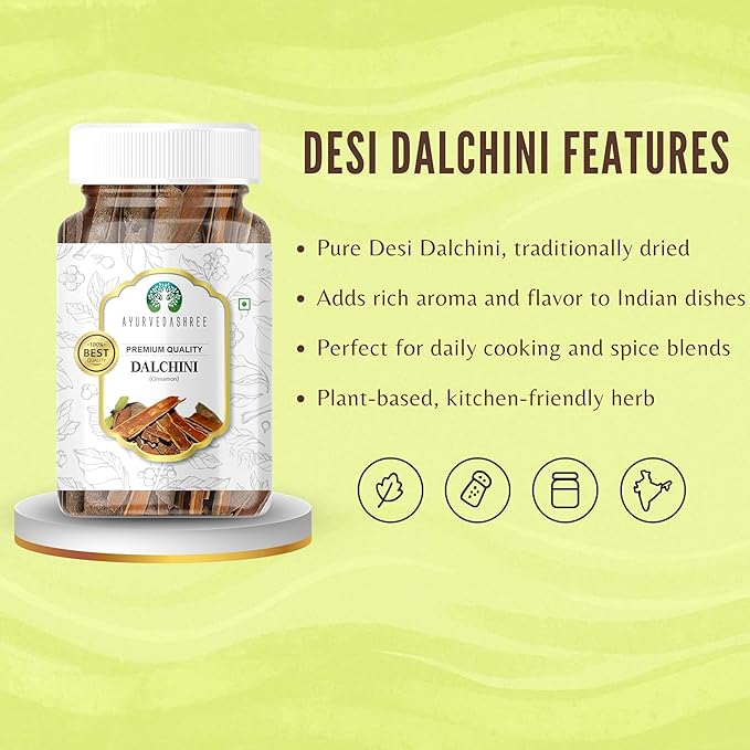 AYURVEDASHREE Cinnamon (Desi Dalchini) 60gm PET Jar | All Natural | Vegan | No Colors | NON-GMO |