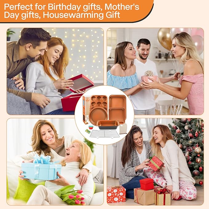 Baking Pans Set 6-Pieces, Non Stick Bakeware Set Stackable, with Cookie Sheet, Muffin, Round/Square