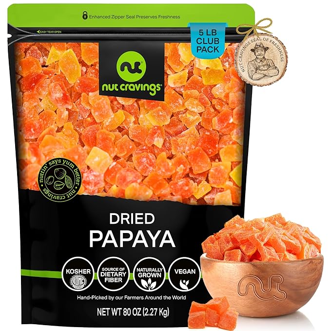 NUT CRAVINGS - Sun Dried Papaya Chunks, Lightly Sweetened (80oz, 5 LB) Bulk Dry Fruits Packed Fresh