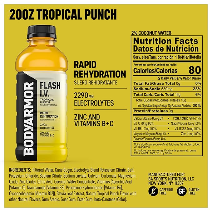 BODYARMOR Flash I.V. Electrolyte Beverage, Tropical Punch, Hydration Drink with Coconut Water For
