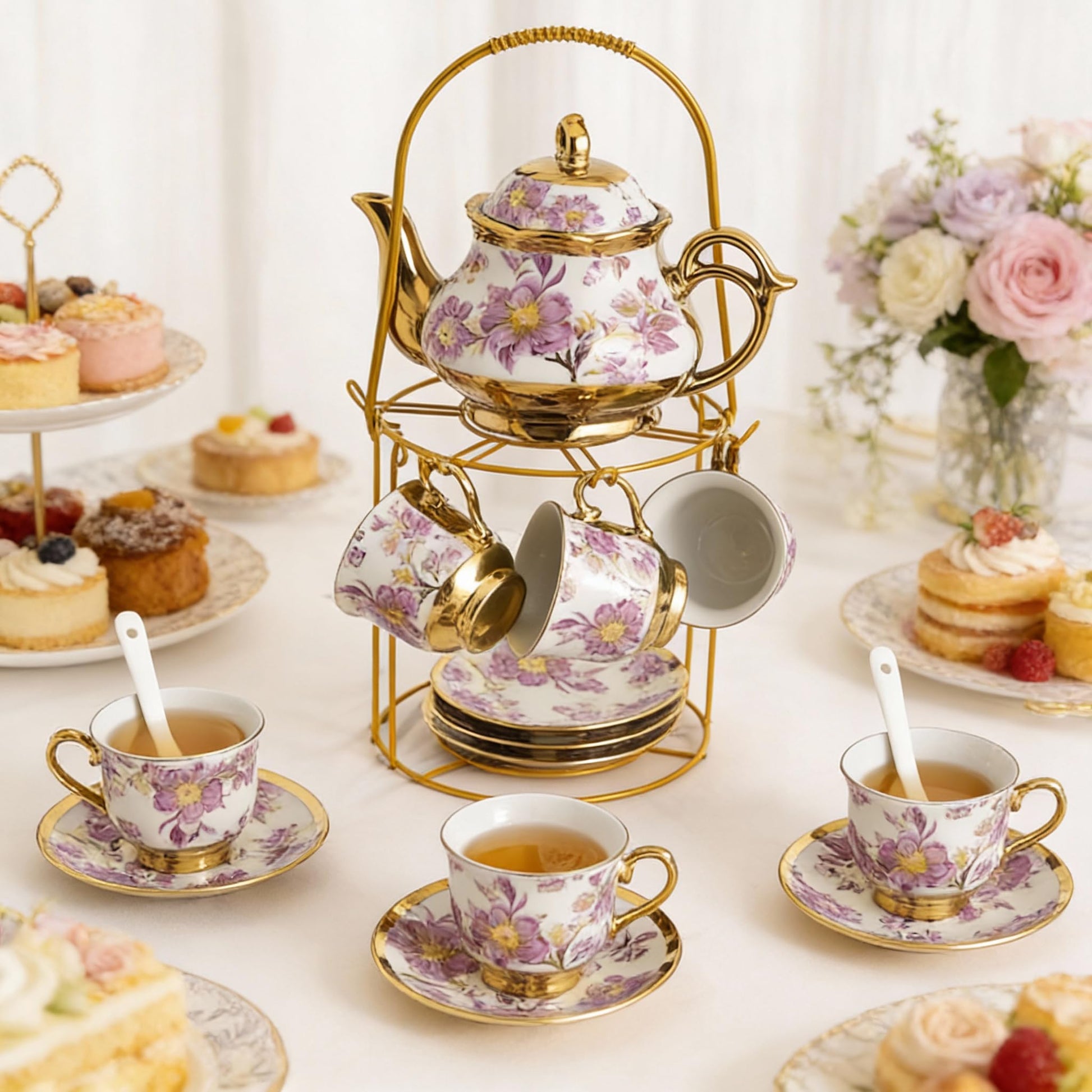 Hebaogugu 20 Pcs Porcelain Tea Set with Metal Holder, European Ceramic Tea Set for Adults, Adult