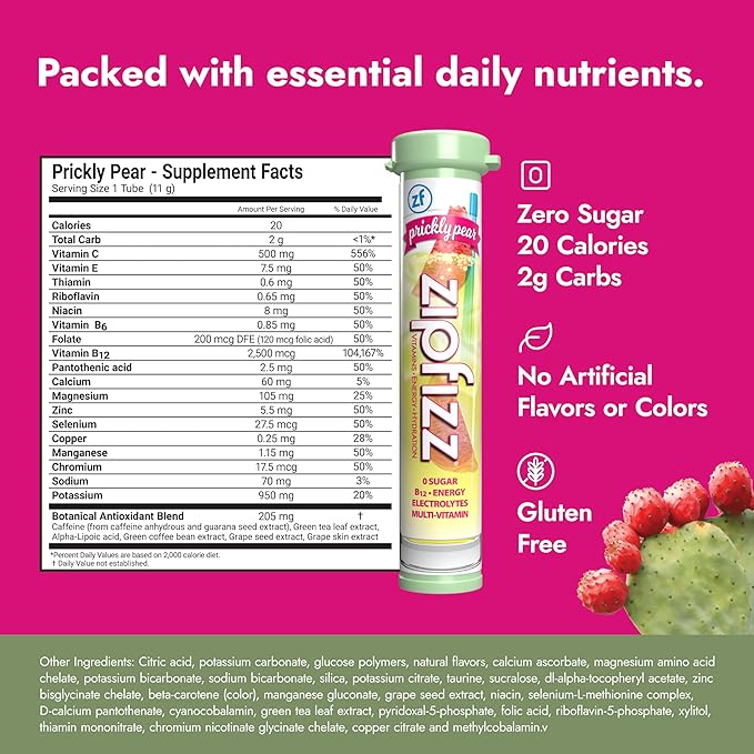 Zipfizz Daily Energy Drink Powder, Prickly Pear, 20 Pack | 3-in-1 Sustained Energy, Rapid