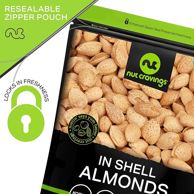 NUT CRAVINGS - In Shell Almonds - Raw, Whole, (16oz - 1 LB) Packed Fresh in Resealable Bag - Nut