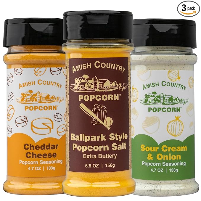 Amish Country Popcorn | Seasoning Variety Pack | 5.5 oz BallPark Style ButterSalt - 4.7 oz Cheddar