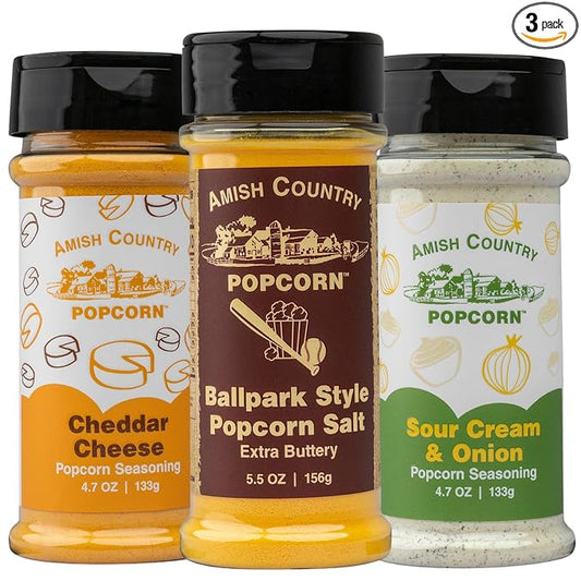 Amish Country Popcorn | Seasoning Variety Pack | 5.5 oz BallPark Style ButterSalt - 4.7 oz Cheddar
