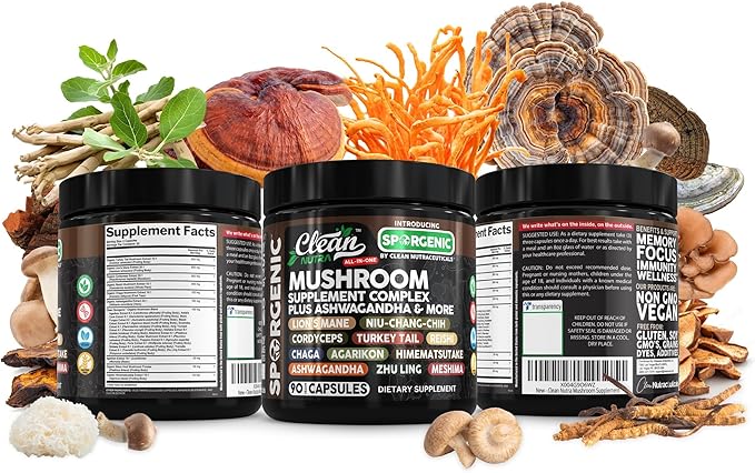 Organic Mushroom Supplement | Ashwagandha Lions Mane Cordyceps Turkey Tail Reishi Mushrooms Maca