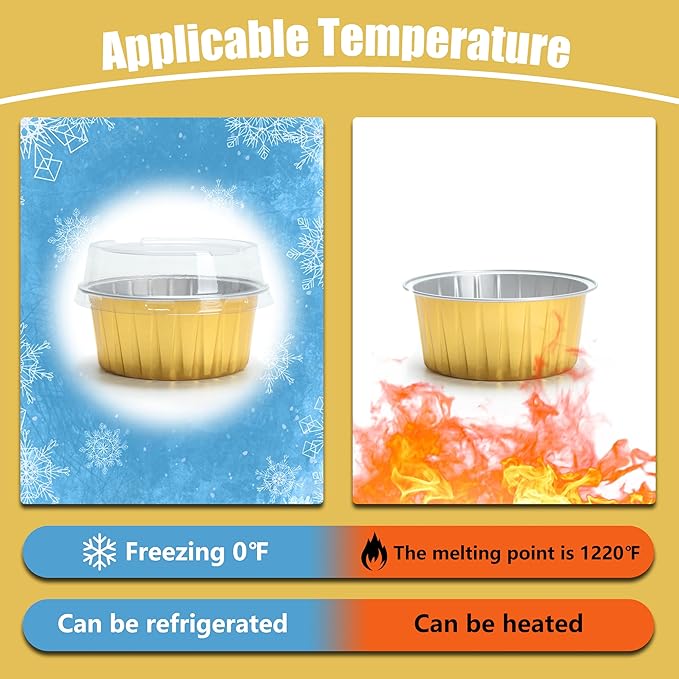 Aluminum Cups with Lids, 4.2oz 50Pcs Gold Disposable Cake Pans with Lids, Creme Brulee Cups, Mini