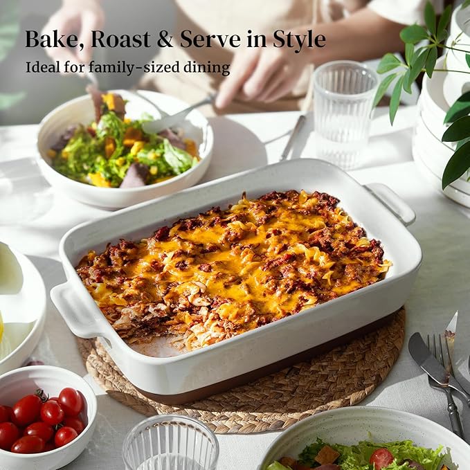 DOWAN Ceramic Casserole Dish for Oven, 9x13 Deep Lasagna Pan, Large Baking Dish with Handles, 4.3