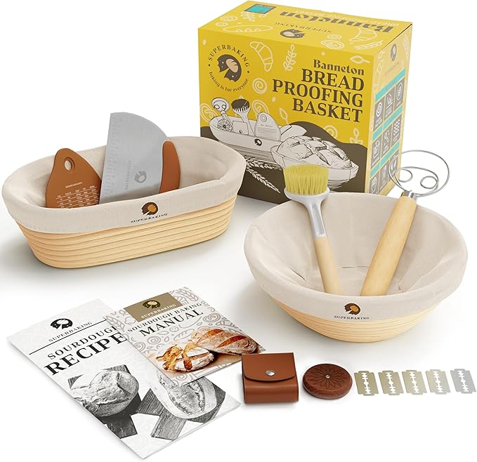 Superbaking Sourdough Proofing Basket Gift Set, Round 9" & Oval 10" Banneton, Sourdough Starter