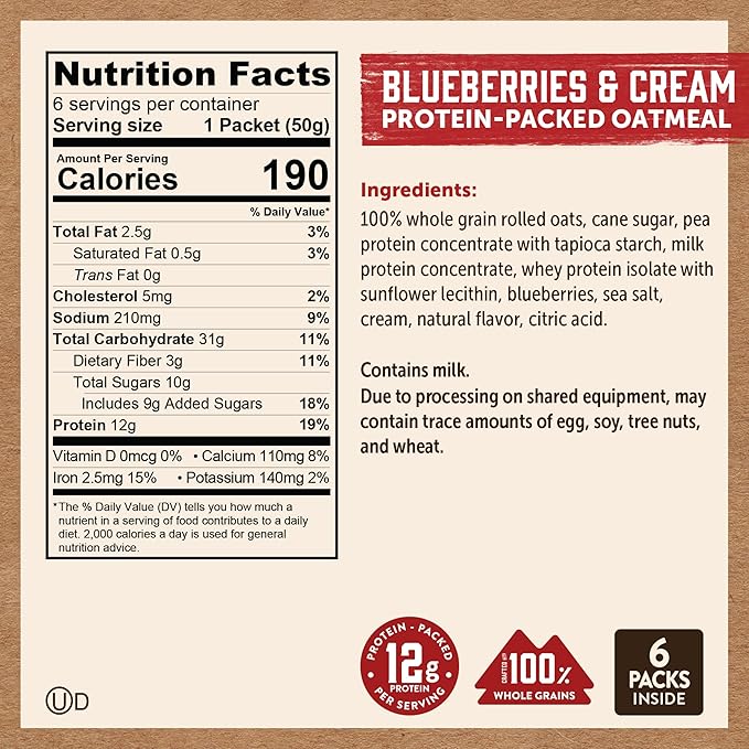 Kodiak Instant Oatmeal Packets, Blueberries & Cream, High Protein, 100% Whole Grains, 6 boxes with