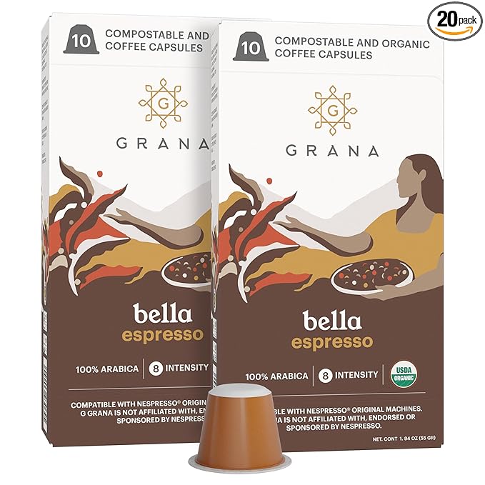 G GRANA Coffee Pods, Compatible with Nespresso OriginalLine, 20 Pack, Dark Roast, USDA Organic 100%