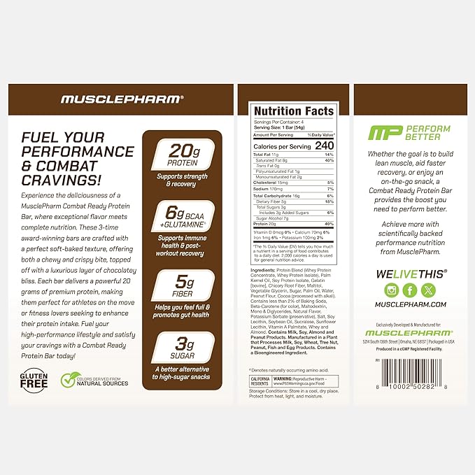 MusclePharm Combat Ready Chocolate Peanut Butter Cup, High Protein Bars, Combat Cravings, Fuel