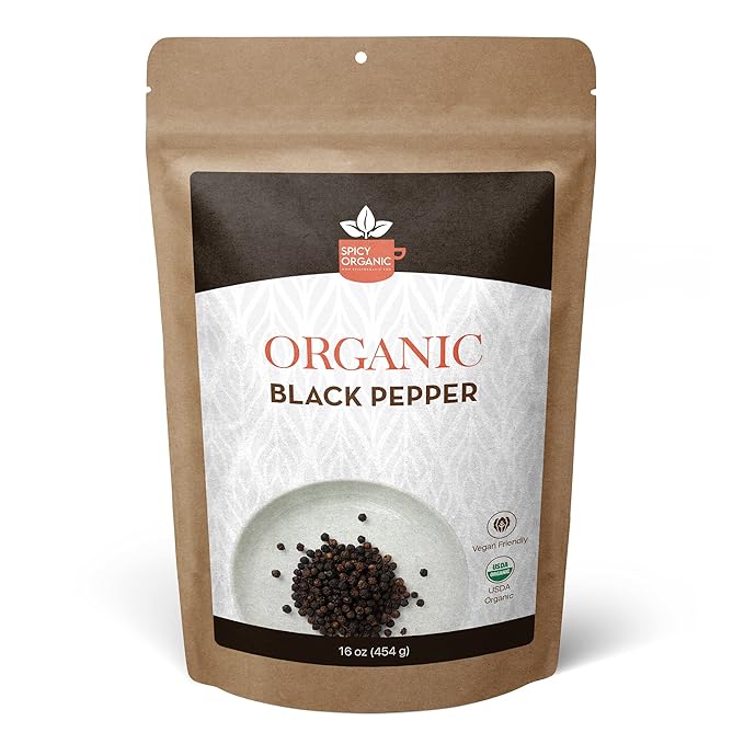 SPICY ORGANIC Black Peppercorns ??16 oz - Whole, Fresh, and Spicy Black Pepper for Grinder Refill